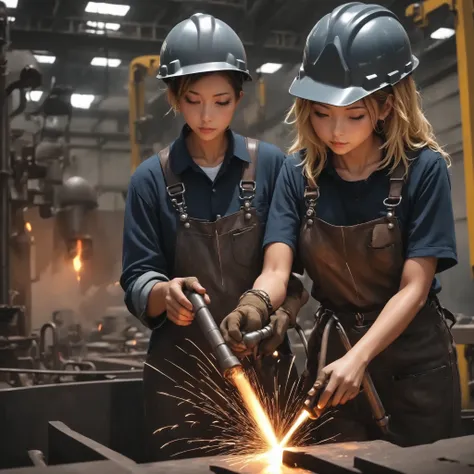 A girl welding at the top of a steel tower, a skilled welder, a TIG welder, a welding surface , a slim leather toolbelt + a slim leather full harness 、kogyaru