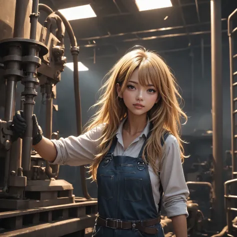 A girl welding at the top of a steel tower, a skilled welder, a TIG welder, a welding surface , a slim leather toolbelt + a slim leather full harness 、kogyaru