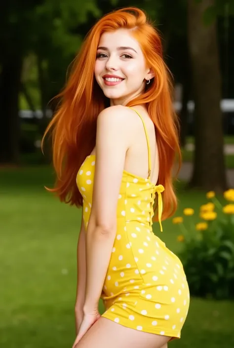 camiru1va A slender redhead with honey-colored eyes poses gracefully amidst lush greenery and vibrant flowers in a picturesque park setting. She wears a bright yellow summer dress with white polka dots that hugs her slim waist and accentuates her curvy hip...