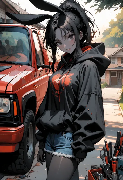 day, sunny, suburb, black skin, tools, 1990s pickup truck, red truck, comfy, driveway, rags, detailed, house, 4x4, 1girl, female, tomboy, rabbit girl, black skin, long hair, ponytail, black hair, bright black eyes, oversized hoodie, denim shorts, close up,...