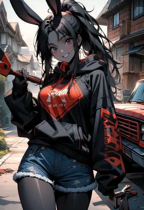 day, sunny, suburb, black skin, tools, 1990s pickup truck, red truck, comfy, driveway, rags, detailed, house, 4x4, 1girl, female, tomboy, rabbit girl, black skin, long hair, ponytail, black hair, bright black eyes, oversized hoodie, denim shorts, close up,...