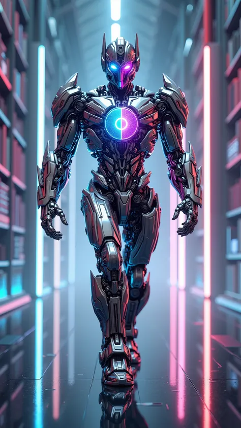 Gemini reimagined as a dual-core Transformer robot forged from knowledge and vision, walking forward in perfect synchronicity with itself, 1 male robot,
Head split into two mirrored masks — one made of polished chrome with luminous blue eyes for logic, t...