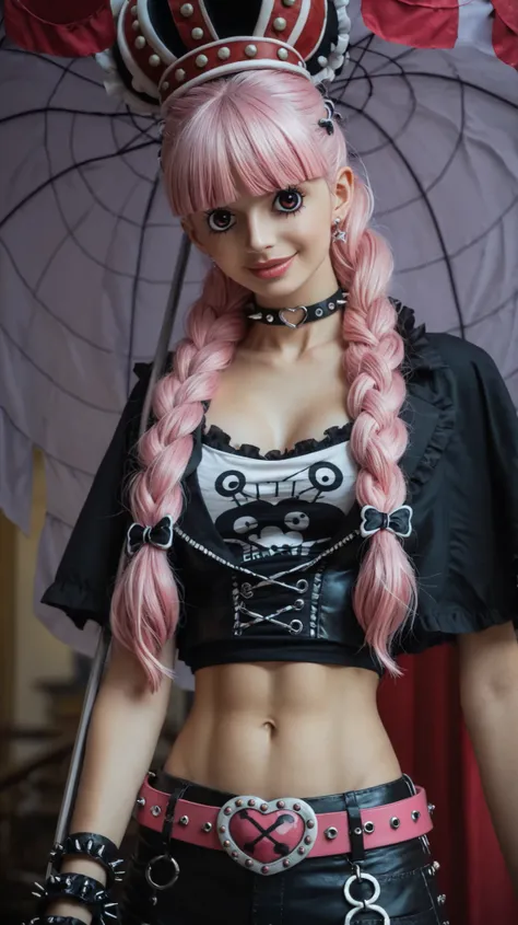 Ultra-realistic, medium shot of a young woman styled after Perona from One Piece, with vivid pink long hair styled in two thick braids and straight bangs, wearing a gothic modern outfit: black crop top with a faded skull and crossbones print, sheer fishnet...
