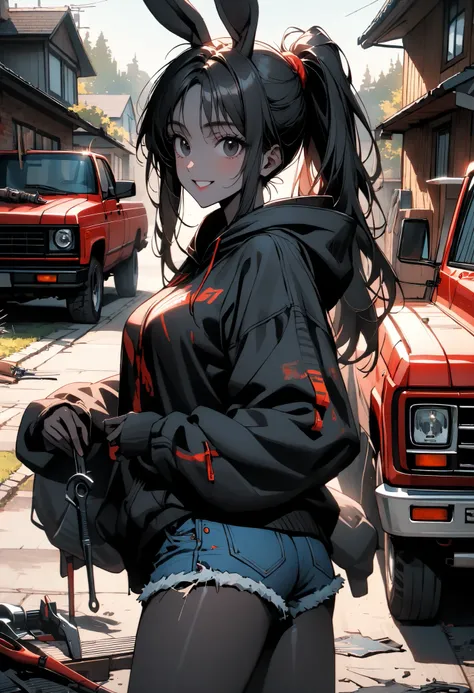 day, sunny, suburb, black skin, tools, 1990s pickup truck, red truck, comfy, driveway, rags, detailed, house, 4x4, 1girl, female, tomboy, rabbit girl, black skin, long hair, ponytail, black hair, bright black eyes, oversized hoodie, denim shorts, close up,...