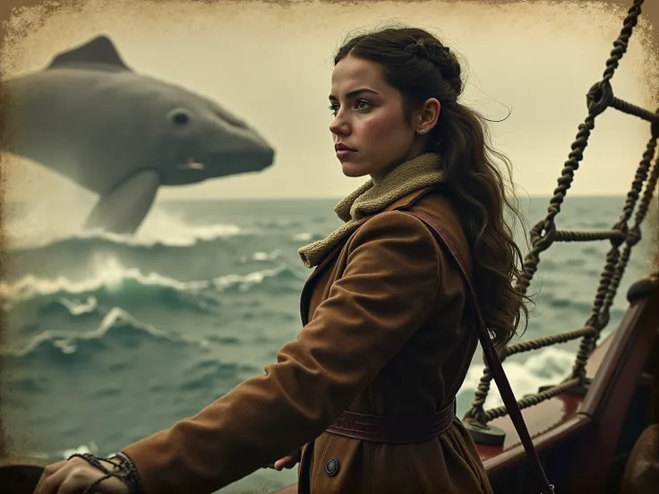 "A young female captain Ahab chases her whale through the hell of storm and spray — a yellowed whaler photo, That freezes her obsession and the violence of the ocean."