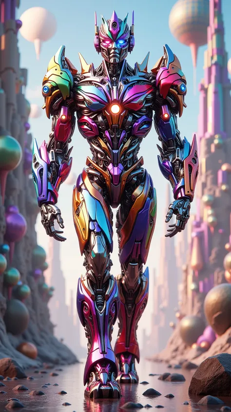 MidJourney reimagined as an elegant Transformer robot forged from living art, walking forward as colors shift across its armor, 1 male robot,
Face sculpted like a smooth mask with one glowing eye of shifting colors and another as a painter’s lens. His ar...