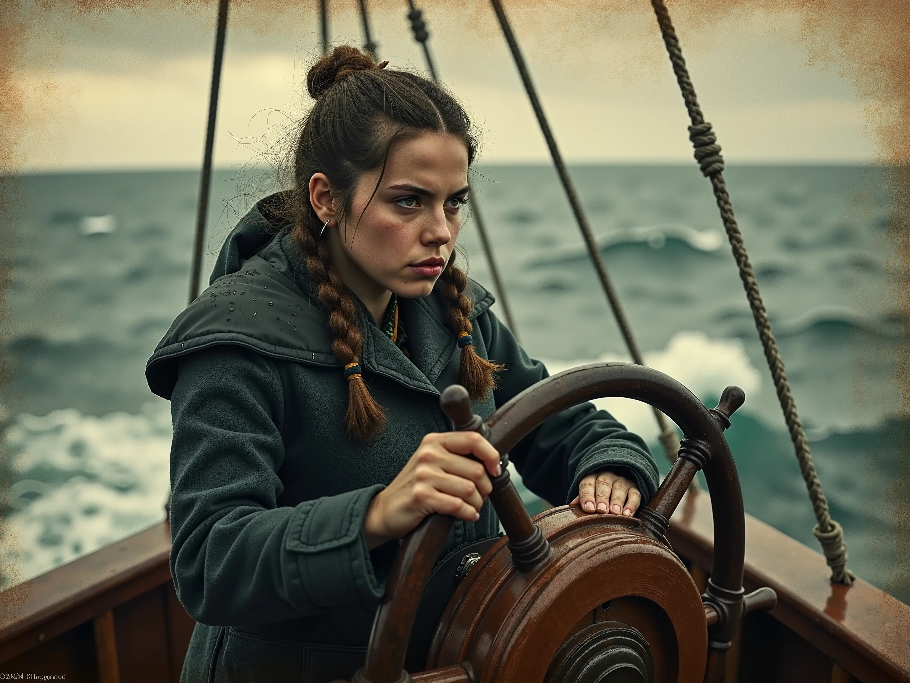 "A young female captain Ahab chases her whale through the hell of storm and spray — a yellowed whaler photo, That freezes her obsession and the violence of the ocean."