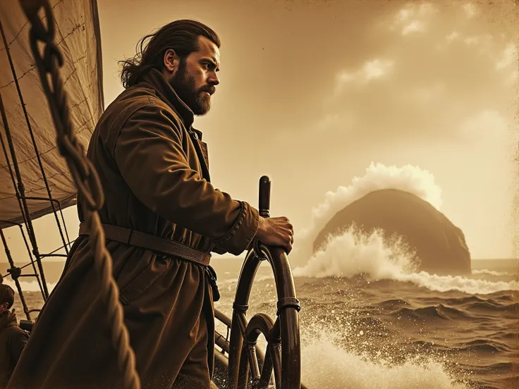 "A young captain Ahab chases her whale through the hell of storm and spray — a yellowed whaler photo, That freezes her obsession and the violence of the ocean."