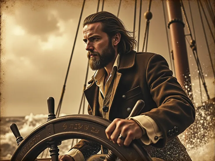 "A young captain Ahab chases her whale through the hell of storm and spray — a yellowed whaler photo, That freezes her obsession and the violence of the ocean."