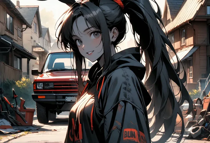 day, sunny, suburb, black skin, tools, 1990s pickup truck, red truck, comfy, driveway, rags, detailed, house, 4x4, 1girl, female, tomboy, rabbit girl, black skin, long hair, ponytail, black hair, bright black eyes, oversized hoodie, denim shorts, close up,...