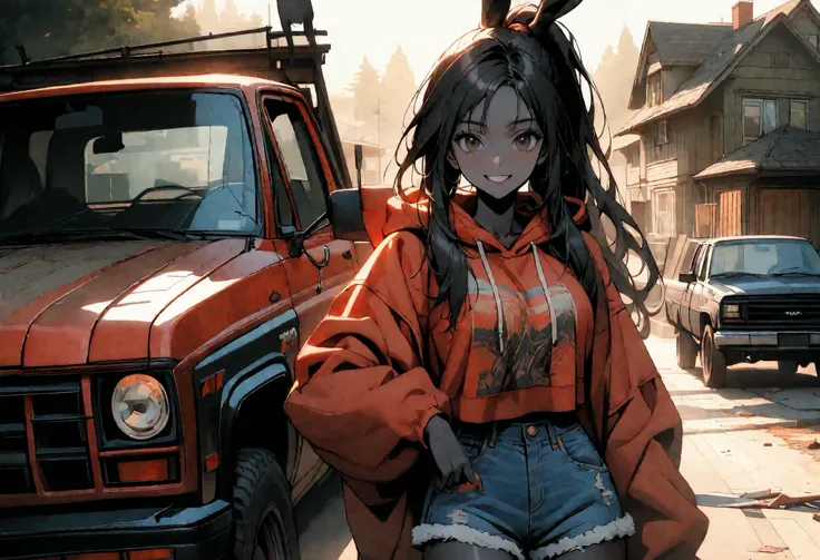 day, sunny, suburb, black skin, tools, 1990s pickup truck, red truck, comfy, driveway, rags, detailed, house, 4x4, 1girl, female, tomboy, rabbit girl, black skin, long hair, ponytail, black hair, bright black eyes, oversized hoodie, denim shorts, close up,...