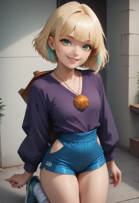 ((ultra quality)), ((Masterpiece)), ((((((jackiel , blonde hair , 1girl , green eyes , solo , multicolored hair , short hair , purple shirt , shell necklace , bangs , long sleeves , blue shorts , tight shorts , highleg thong , smile , socks , sneakers)))))...