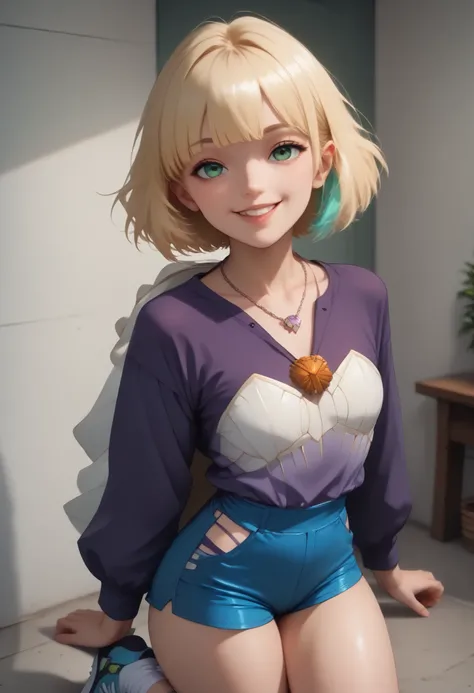 ((ultra quality)), ((Masterpiece)), ((((((jackiel , blonde hair , 1girl , green eyes , solo , multicolored hair , short hair , purple shirt , shell necklace , bangs , long sleeves , blue shorts , tight shorts , highleg thong , smile , socks , sneakers)))))...