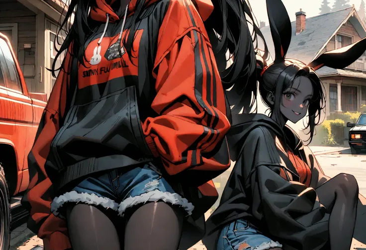 day, sunny, suburb, black skin, tools, 1990s pickup truck, red truck, comfy, driveway, rags, detailed, house, 4x4, 1girl, female, tomboy, rabbit girl, black skin, long hair, ponytail, black hair, bright black eyes, oversized hoodie, denim shorts, close up,...