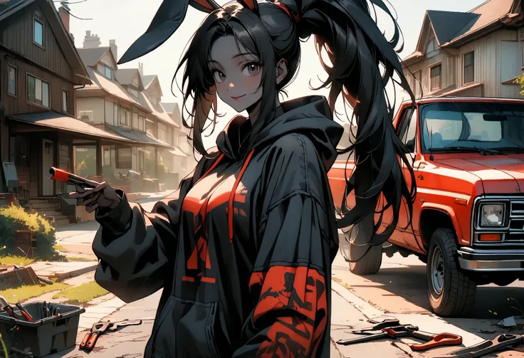 day, sunny, suburb, black skin, tools, 1990s pickup truck, red truck, comfy, driveway, rags, detailed, house, 4x4, 1girl, female, tomboy, rabbit girl, black skin, long hair, ponytail, black hair, bright black eyes, oversized hoodie, denim shorts, close up,...