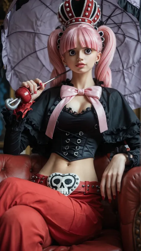 Ultra-realistic portrait of a beautiful young woman inspired by Perona from One Piece, sitting elegantly on a plush purple Victorian-style armchair. She wears her classic gothic outfit: red mini-cape with frilled edges, black and white corset with skull mo...