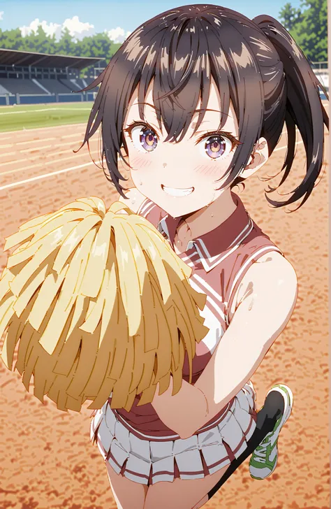 score_9, score_8_up, score_7_up, source_anime,  yuki suou,side lock, bungs, brown hair, black hair, hair between eyebrows, purple eyes, ponytail,smile,blush,grinning,(cheerleading), (full body),  on chest, (sweated), sweated Wet Clothes, (white clothes),Sl...