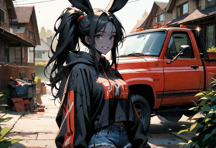 day, sunny, suburb, black skin, tools, 1990s pickup truck, red truck, comfy, driveway, rags, detailed, house, 4x4, 1girl, female, tomboy, rabbit girl, black skin, long hair, ponytail, black hair, bright black eyes, oversized hoodie, denim shorts, close up,...