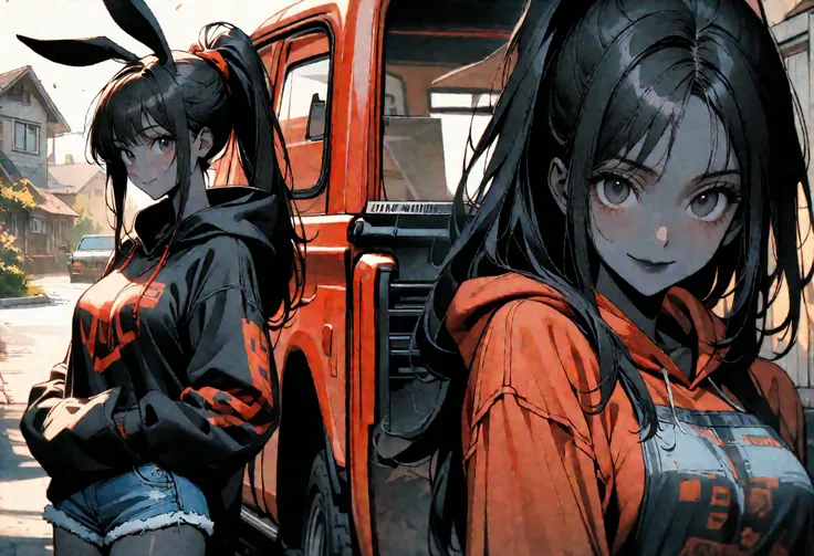 day, sunny, suburb, black skin, tools, 1990s pickup truck, red truck, comfy, driveway, rags, detailed, house, 4x4, 1girl, female, tomboy, rabbit girl, black skin, long hair, ponytail, black hair, bright black eyes, oversized hoodie, denim shorts, close up,...
