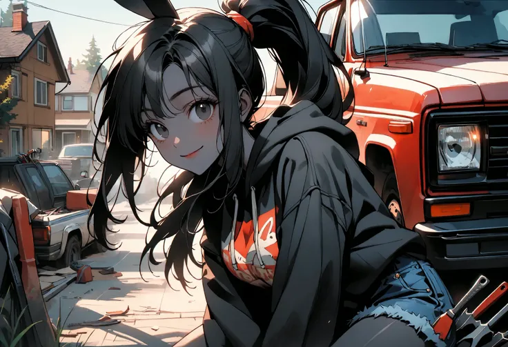 day, sunny, suburb, black skin, tools, 1990s pickup truck, red truck, comfy, driveway, rags, detailed, house, 4x4, 1girl, female, tomboy, rabbit girl, black skin, long hair, ponytail, black hair, bright black eyes, oversized hoodie, denim shorts, close up,...