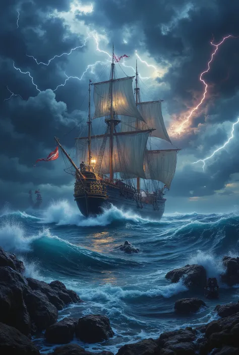 (((16k))), best quality, super detail, galleon, rough sea, stormy weather, high waves, stormy waves, (((kraken))), dark clouds, lightning storm, (masterpiece, best quality:1.2)