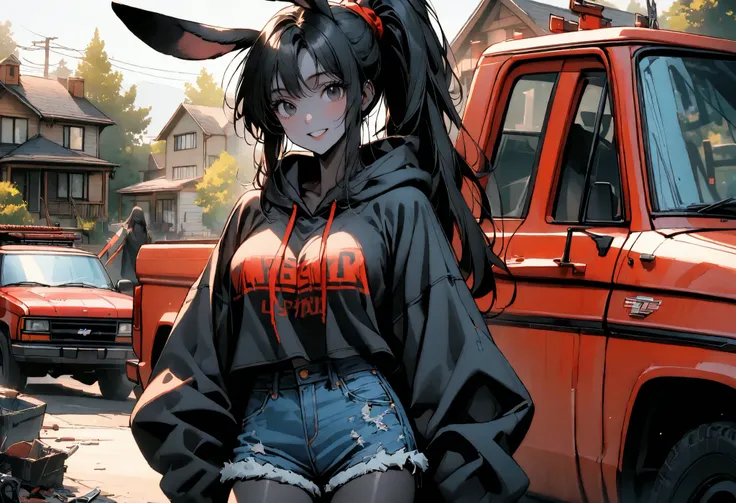 day, sunny, suburb, black skin, tools, 1990s pickup truck, red truck, comfy, driveway, rags, detailed, house, 4x4, 1girl, female, tomboy, rabbit girl, black skin, long hair, ponytail, black hair, bright black eyes, oversized hoodie, denim shorts, close up,...