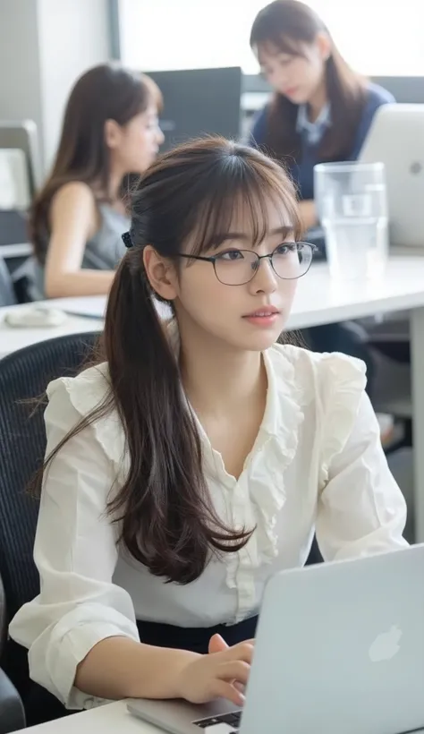 A photorealistic image of a young Japanese woman in her 20s sitting at her desk in a busy Tokyo office. She is viewed from the side, full body visible, as she works on her laptop. She has long black hair tied with a hair clip, wears glasses, a white frille...