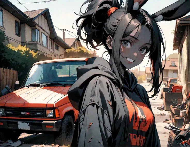 day, sunny, suburb, black skin, tools, 1990s pickup truck, red truck, comfy, driveway, rags, detailed, house, 4x4, 1girl, female, tomboy, rabbit girl, black skin, long hair, ponytail, black hair, bright black eyes, oversized hoodie, denim shorts, close up,...