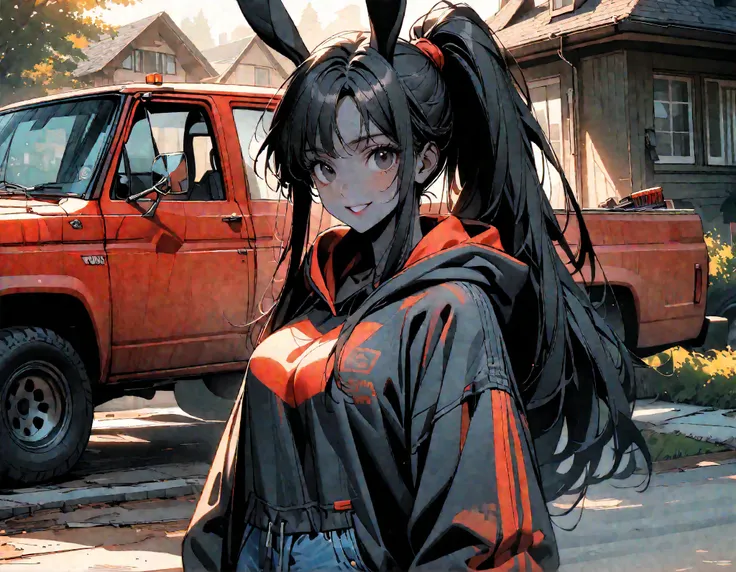 day, sunny, suburb, black skin, tools, 1990s pickup truck, red truck, comfy, driveway, rags, detailed, house, 4x4, 1girl, female, tomboy, rabbit girl, black skin, long hair, ponytail, black hair, bright black eyes, oversized hoodie, denim shorts, close up,...