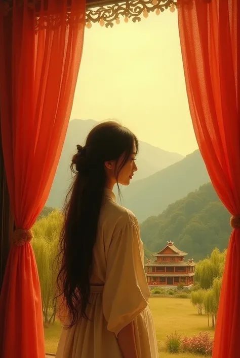 The painting style is quiet,The light is yellowish. The house is located in the mountains in the distance, The willows in the yard swaying in the wind. Several layers of light red curtains add a bit of mystery to the deep scenery, The woman is alone, Her l...