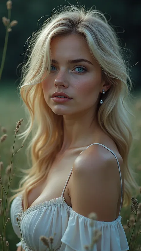 Create a hyper-realistic,Blond-haired woman ,blaue Augen,She looks very seductive, flirtet,high resolution, use the same face,hyperrealistic midnight background, stars,on the meadow,Brüste, weisses kleid