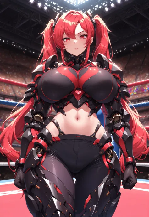 ((masterpiece, best quality:1.4,extremely detailed, detail face, detail eyes, anime)),illustration, 8k, hd, 1female, tall lady, solo, mature female, navel, red hair, red eyes, (black armour with red parts, shoulder armour, hand armour, leg armour, black tr...