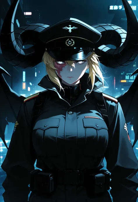 masterpiece, best quality, ultra-detailed, best illustration, solo, 1girl, mature female, dark, noir, cyberpunk, short hair, blonde hair, blind, glaucoma, white eyes, military, general, burn scar, burn scars on the face, bruned face, general cap, black mil...