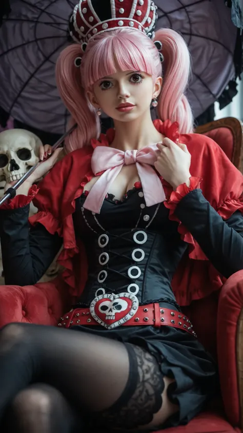 Ultra-realistic portrait of a beautiful young woman inspired by Perona from One Piece, sitting elegantly on a plush purple Victorian-style armchair. She wears her classic gothic outfit: red mini-cape with frilled edges, black and white corset with skull mo...