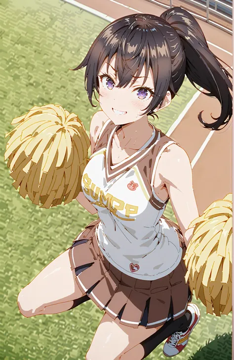 score_9, score_8_up, score_7_up, source_anime,  yuki suou,side lock, bungs, brown hair, black hair, hair between eyebrows, purple eyes, ponytail,smile,blush,grinning,(cheerleading), (full body),  on chest, (sweated), sweated Wet Clothes, (white clothes),Sl...