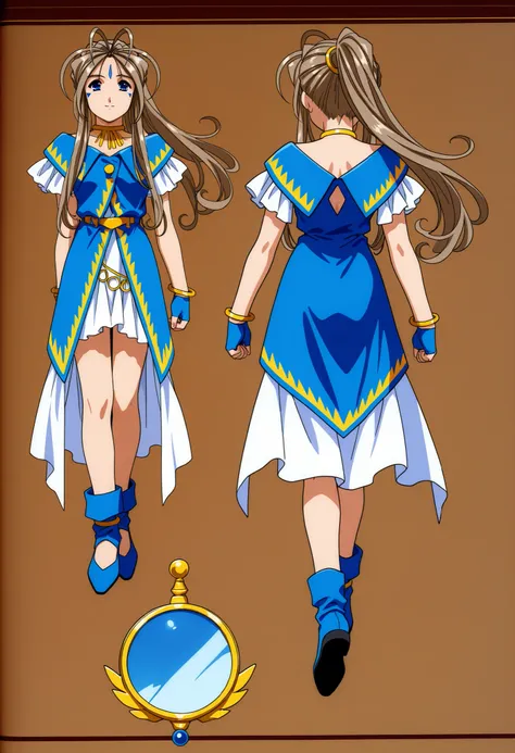 score_9, score_8_up, score_7_up,1990s \(style\),anime coloring,BREAK,1girl, Belldandy, long hair,facial mark,brown hair,forehead mark,blue eyes, full body,BREAK,Goddess Costume,jewelry, bracelet,fingerless gloves,gloves,BREAK,multiple views of the same cha...