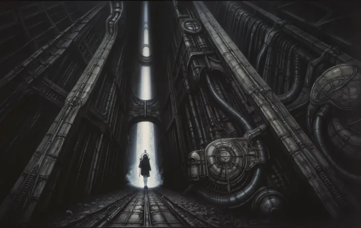Create a biomechanical surrealist composition in the style of H.R. Giger The image depicts a highly detailed, intricate mechanical structure that is opened criocapsule with a futuristic design, supporting pipes, valves, and complex mechanicals emphasizing...