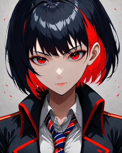 1Mulher. short hair. black hair. red hair. Front clip on the hair. hair behind the ear . Brinco. black coat with red details. striped tie. Roupa curta. red eyes. serious face. Elegante.