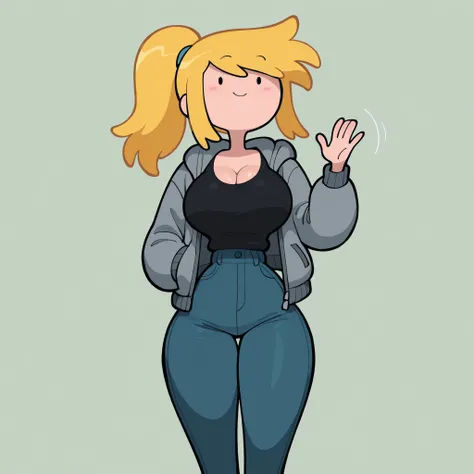masterpiece, best quality, amazing quality, very aesthetic, absurdres, high res, shiny skin, 1girl, solo, long blonde hair, ponytail, middle bangs, dot eyes, big breasts, narrow waist, wide hips, thick thighs, slim, gray hooded jacket, black t-shirt, cleav...
