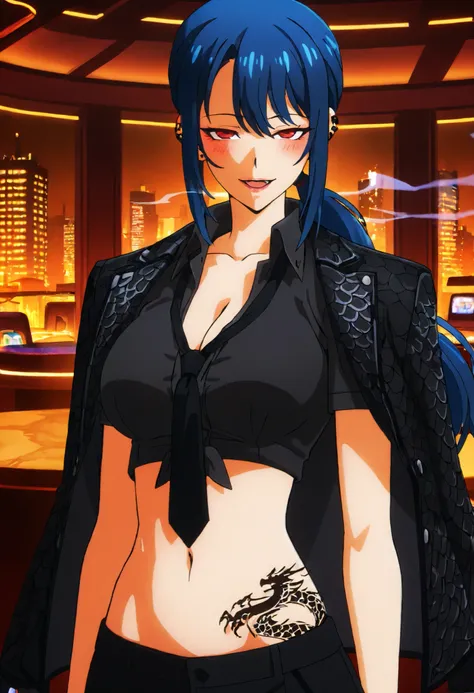 seolin, breasts, blue hair, red eyes, long hair, low ponytail,looking at viewer,
seolin, breasts, blue hair, red eyes, long hair, low ponytail,  black necktie, black jacket, jacket on shoulders,,,, ear piercing, long hair, blush, lipstick,Hot girl, baddie,...