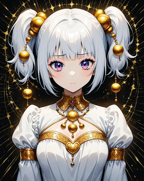 1Mulher. short hair. white hair. Pigtails. gold ornaments in Maria Chiquinha. Clothing Sleeves: pretas. Vestido: White top. Chest-length image. purple eyes. sad expression