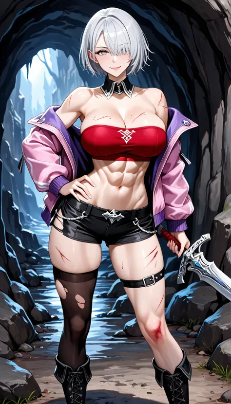 1girl,breasts,strapless,weapon,solo,purple jacket,Short jacket,thighhighs,injury,hair over left eye,bandeau,holding,tube top,holding weapon,navel,short hair,cleavage,shorts,single thighhigh,fantasy style great sword,large breasts,toned,black shorts,hand on...