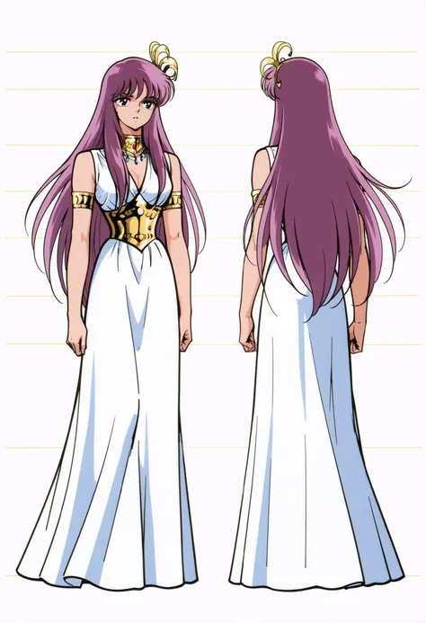 score_9, score_8_up, score_7_up,retro artstyle,anime coloring,BREAK,Saint Seiya ,athenakido, 1girl, solo, purple hair, aqua eyes, black eyes, full body,BREAK,sleeveless dress, athena accessories,BREAK,multiple views of the same character,model sheet,chata...