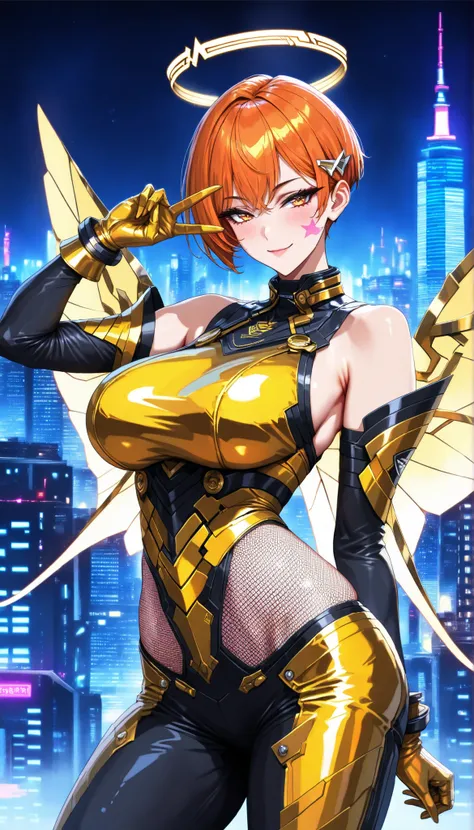 SOLO,Cyberpunk city background, A woman with a perfect body,Huge oppai,Wearing a sleeveless Gold leather biological armor(Fishnet),(A pair of Golden Cyber Wings)(Large size),She is flying in the sky, Hands wearing gold short metal gloves,(Orange Hair, Shor...