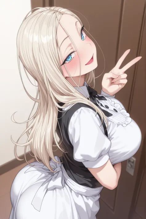 masterpiece, best quality, amazing quality, absurd, 1 girl, Kurashiki Reina, long hair, blue eyes, blonde hair, seductive smile, expressive, sensual pose, smiling, messy hair, seductive smile, looking at viewer, seductive body, sensual, maid costume, casua...