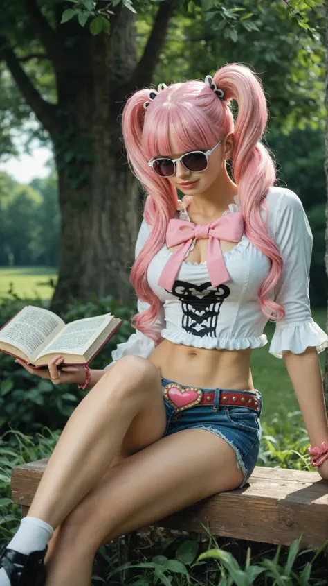 A beautiful young woman inspired by Perona from One Piece, sitting peacefully in a sunny park while reading a book. She wears a stylish modern outfit: high-waisted denim shorts, a white cropped top, and a light, sheer pink button-up shirt left open, flowin...