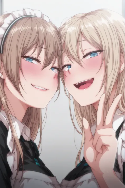 masterpiece, best quality, amazing quality, absurd, 2 girls, kurashiki reigns, long hair, blue eyes, blonde hair, smile, narrowed eyes, parted lips, looking at viewer, naughty face, chisa, alone, chisa_IlXL,Brown Hair,, smile, smiling, messy hair, looking ...