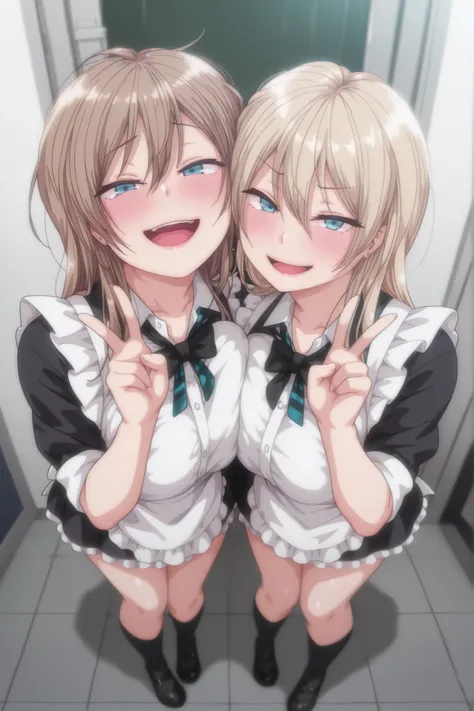 masterpiece, best quality, amazing quality, absurd, 2 girls, kurashiki reigns, long hair, blue eyes, blonde hair, smile, narrowed eyes, parted lips, looking at viewer, naughty face, chisa, alone, chisa_IlXL,Brown Hair,, smile, smiling, messy hair, looking ...