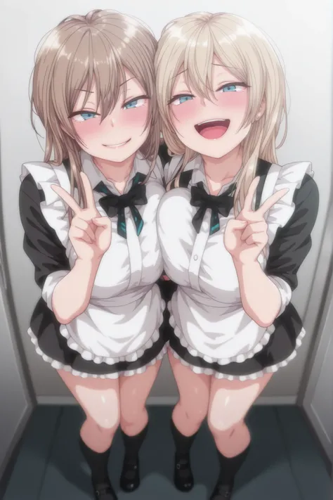masterpiece, best quality, amazing quality, absurd, 2 girls, kurashiki reigns, long hair, blue eyes, blonde hair, smile, narrowed eyes, parted lips, looking at viewer, naughty face, chisa, alone, chisa_IlXL,Brown Hair,, smile, smiling, messy hair, looking ...