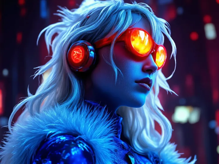 (( Shoulder-length hair with lights ,neon red glasses combining with the I feel detail the lens of the glasses and a transparent reflective yellow, jumpsuit glued to the shiny indigo blue body , sapatos "Patins"  that refer to the 70s but with details of t...